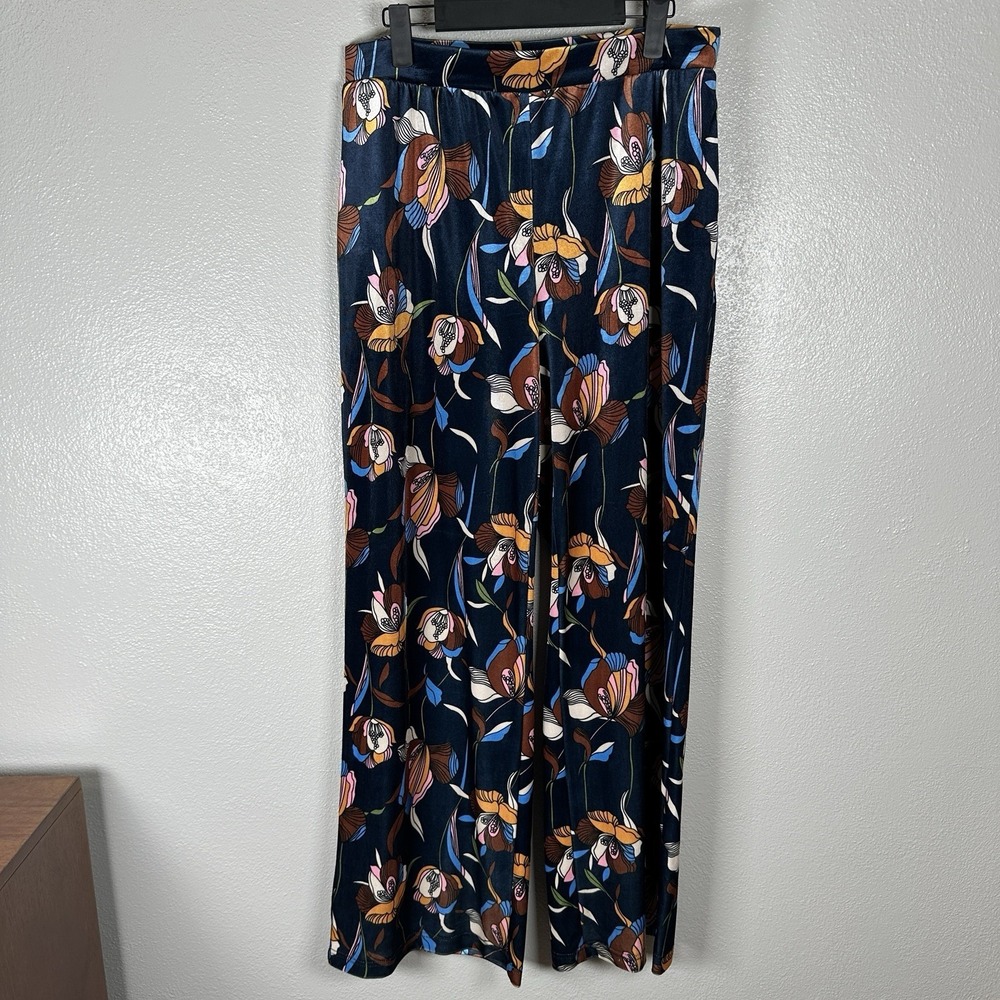ModCloth Floral Wide Leg Pants Womens Sz Large Velour Retro Boho Pull On Pockets